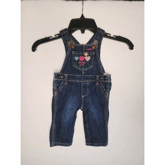 OshKosh Bgosh Blue Jean Bib Overalls Snap Legs Baby Girls Size 6 Months Hearts - Picture 1 of 10